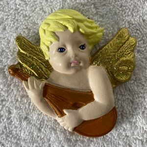 5/$35 Vintage Hand Painted Angel Cherub W Instrument Ceramic Christmas Ornament